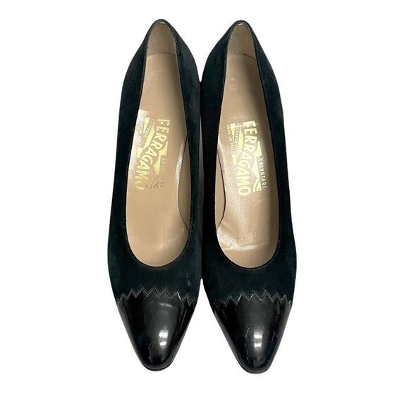 SALVATORE FERRAGAMO Suede Pumps Heel Shoes Patent Leather Black 8 - Picture 8 of 15